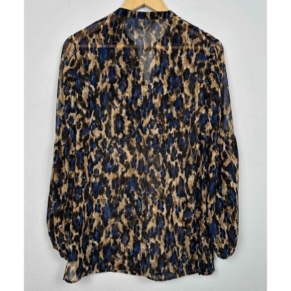Chicos Sz 1 (M) Blue Brown Animal Print Sheer Blouse LS Pintuck Button Front - Picture 4 of 10